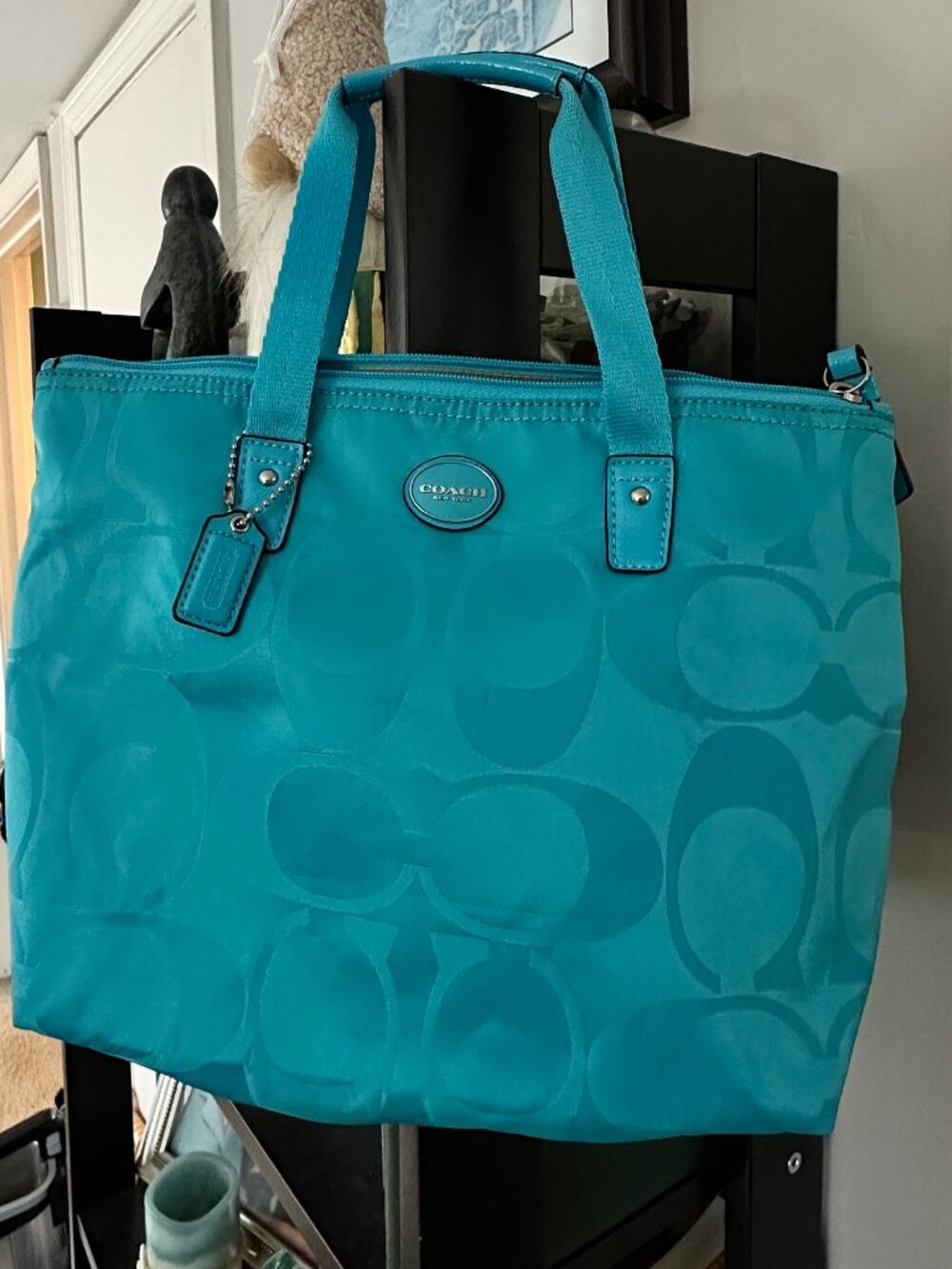 Coach Getaway Teal Blue Nylon Packable Tote Bag & Pouch Set F77322